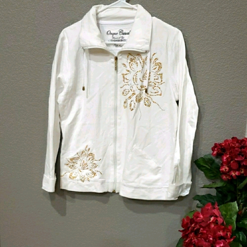 Onque 100% Cotton Zip front jacket Holiday Embellished Women  size Large
